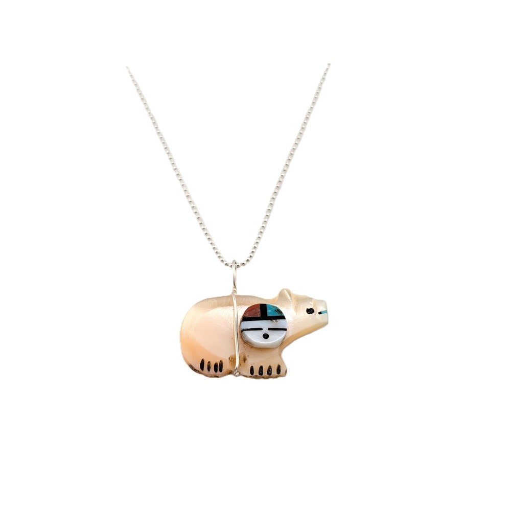 Zuni Carved Bear Necklace Sun Face Inlay 18" Chain Jewelry